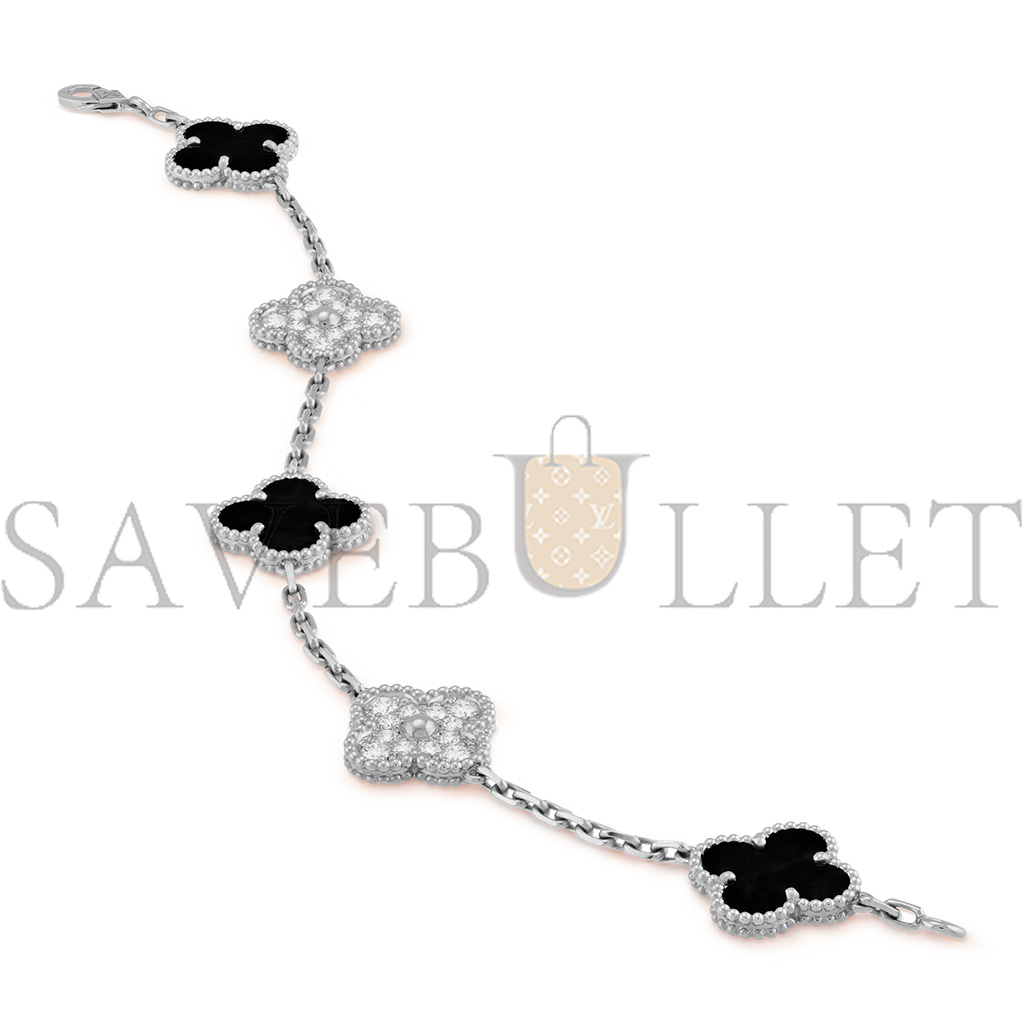 VAN CLEEF ARPELS VINTAGE ALHAMBRA BRACELET, 5 MOTIFS - WHITE GOLD, DIAMOND, ONYX  VCARP2R900